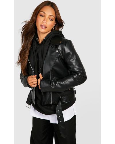 Boohoo Tall Belted Faux Leather Biker Jacket - Black