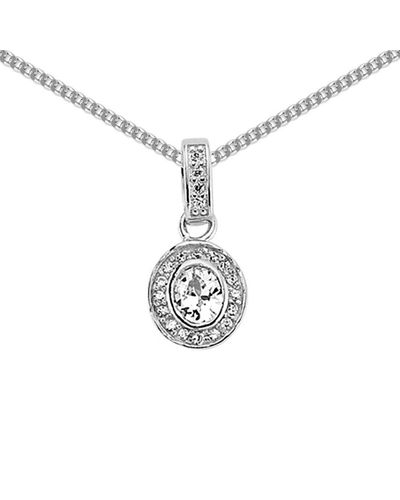 Jewelco London Silver Oval Cz Halo Pendant Necklace 18 Inch - Metallic