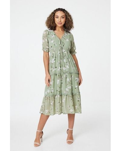 Izabel London Floral Tie Front Midi Tea Dress - Green