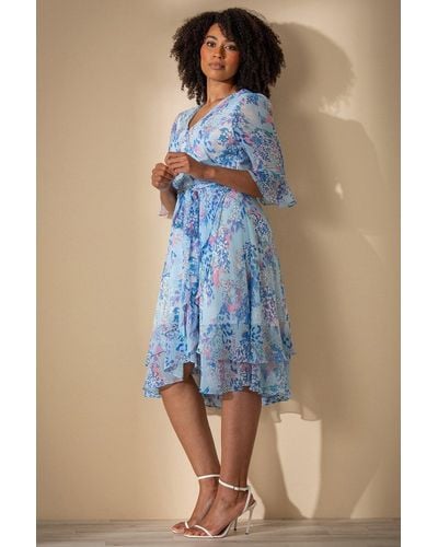 Klass Floral Print Layered Chiffon Wrap Midi Dress - Blue