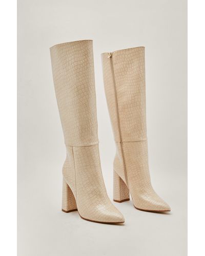 Nasty Gal Faux Leather Croc Knee High Pointed Boots - Natural