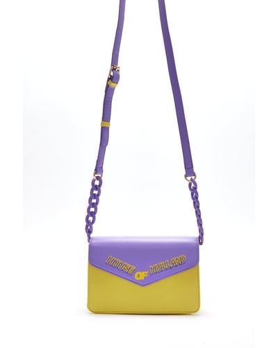 House of Holland Cross Body Bag In Purple And Yellow With A Chain Detail Strap And Printed Logo - Blue