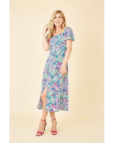 Mela Pink Retro Flower Print Puff Sleeve Midi Dress - Blue