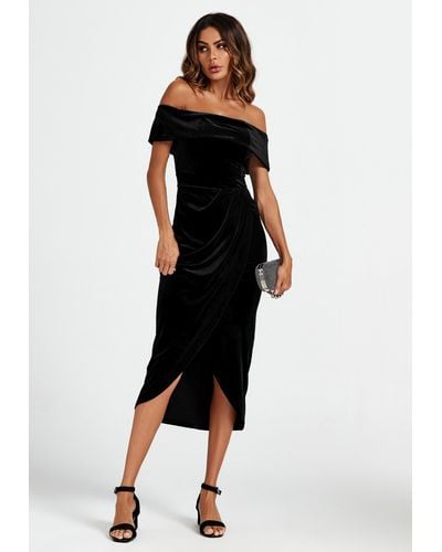 FS Collection Off Shoulder Velvet Midi Dress In Black