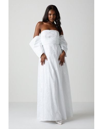 Coast Detachable Shrug Bandeau Full Skirted Satin Wedding Dress - White