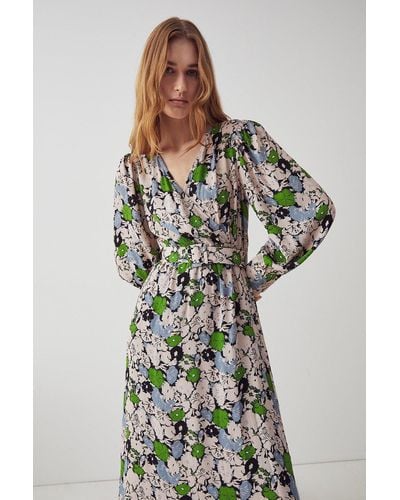 Warehouse Woven Midi Wrap Dress In Floral - Green