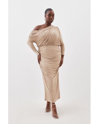 Karen Millen Plus Size Drapey Crepe Jersey Asymmetrical Midaxi Dress - Natural