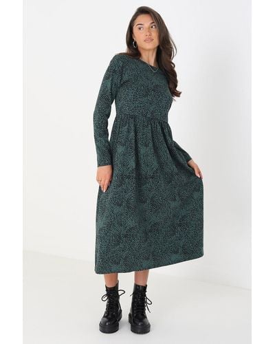 Brave Soul Cotton 'mistie' Animal Print Long Sleeve Midi Smock Dress - Green