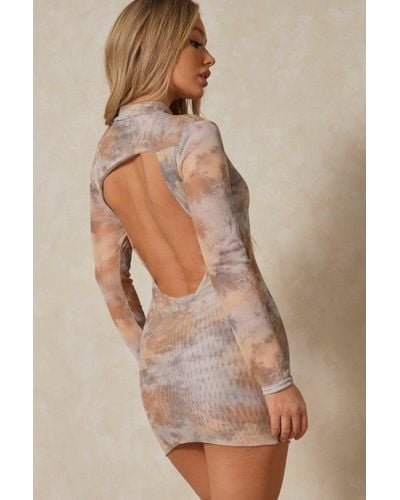 MissPap Marble Print Mesh Extreme Backless Mini Dress - Brown