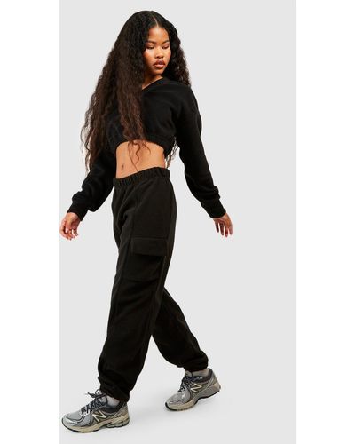 Boohoo Petite Fleece Cuffed Cargo Jogger - Black