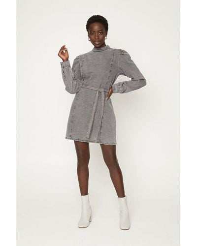 Oasis Puff Sleeve Belted Dress - Grey