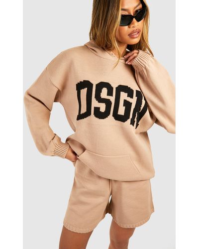 Boohoo Dsgn Overiszed Hoody And Shorts Knitted Set - Natural