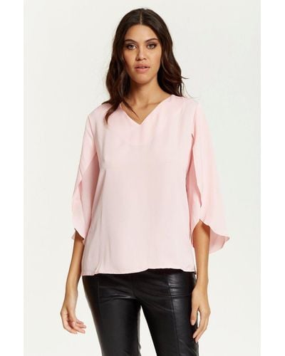 Hoxton Gal Oversized V Neck Top With Split Sleeves - Pink