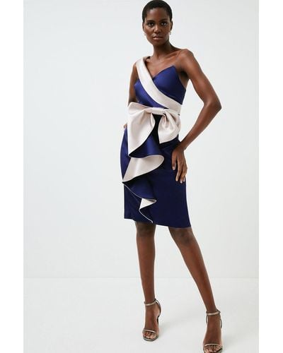 Karen Millen Italian Satin Structured Colour Block Bow Midi Dress - Blue