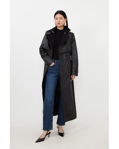 Karen Millen Leather And Wool Mix Belted Trench Coat - Blue