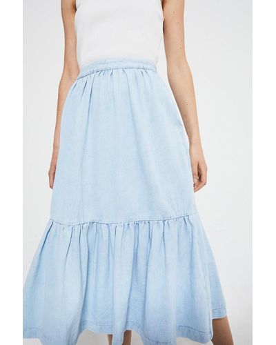 Warehouse Washed Denim Tiered Midi Skirt - Blue
