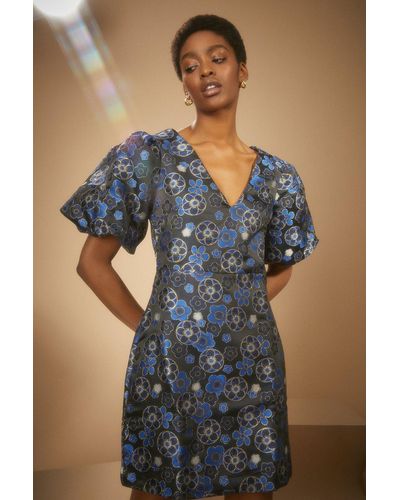 Oasis Blue Floral Jacquard Aline Dress