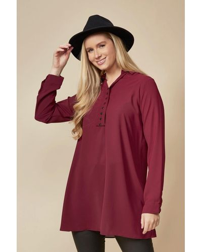 Hoxton Gal Oversized Button Detailed Long Sleeves Tunic Top - Red