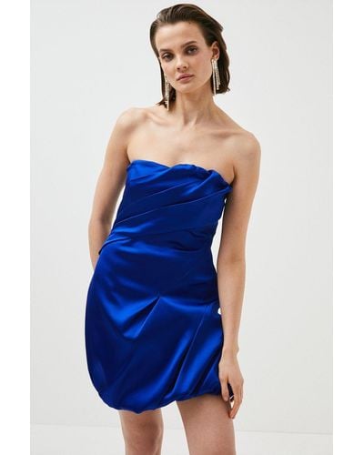 Karen Millen Italian Structured Satin Bandeau Mini Dress - Blue