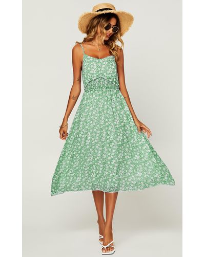 FS Collection Flora Print Frill Trim Detail Wrap Strappy Midi Dress In Light Green