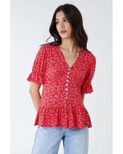 Blue Vanilla Button Front Longline Top - Red