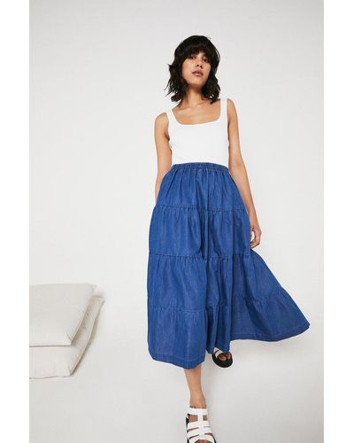 Warehouse Chambray Tiered Midaxi Skirt - Blue