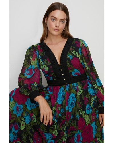 Oasis Plus Size Floral Lace V Neck Midaxi Dress - Multicolour