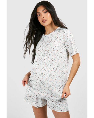 Boohoo Maternity Ribbed Ditsy Floral Print Pyjama Short Set - White