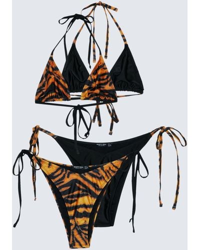 Nasty Gal 2 Pack Tiger Print Contrast Tie Triangle Bikini Set - White