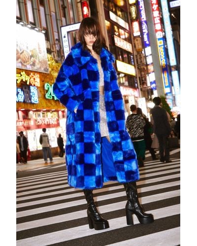 Nasty Gal Premium Long Blue Checkerboard Faux Fur Coat