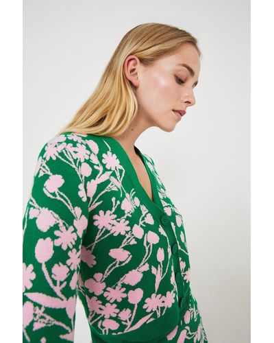 Warehouse Floral Jacquard Knit Cardigan - Green