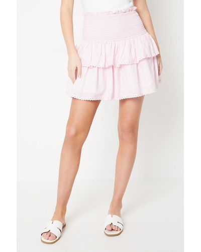 Oasis Petite Cotton Lace Trim Shirred Tiered Mini Skirt - Pink