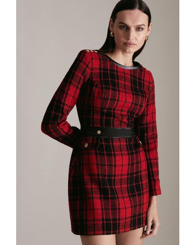 Karen Millen Bold Check Boucle Long Sleeve Mini Dress - Red