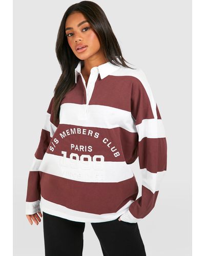 Boohoo Slogan Striped Rugby Shirt - Red