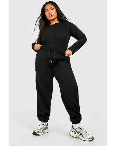 Boohoo Plus Button Detail One Piece And Cuffed Oversized Jogger Set - Black