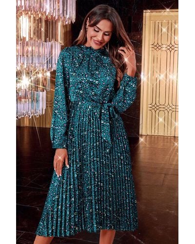 FS Collection Leopard Print High Neck Long Sleeve Midi Dress In Blue