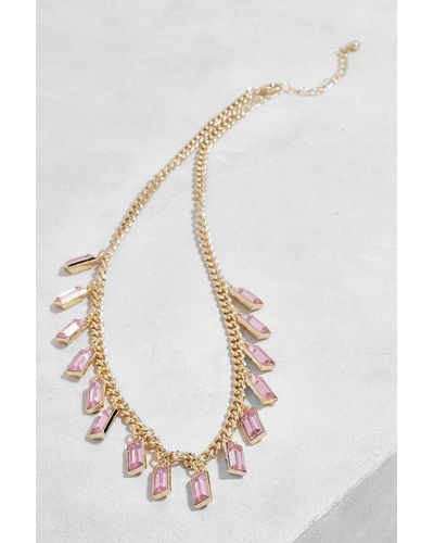 Boohoo Emerlad Cut Pink Droplet Chain Necklace