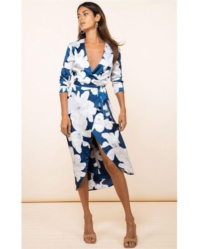 Dancing Leopard Yondal Floral Print Wrap Front Midi Dress V-neck Tie Waist Outfit - Blue