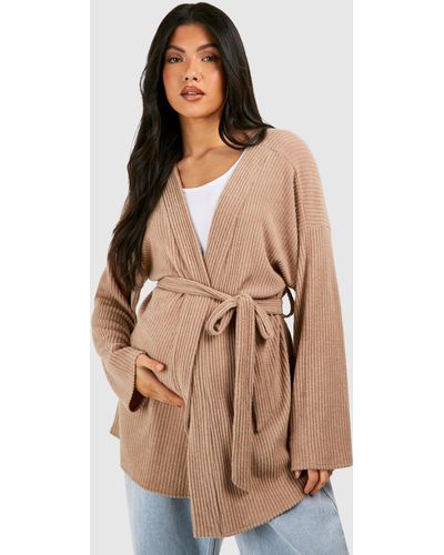 Boohoo Maternity Soft Rib Belted Cardigan - Natural