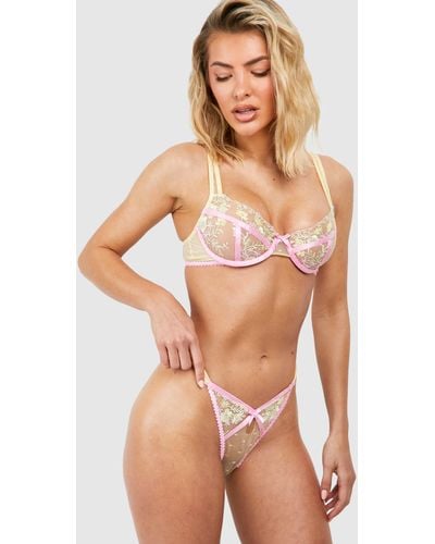 Boohoo Mesh Floral Embroidered Thong - Brown