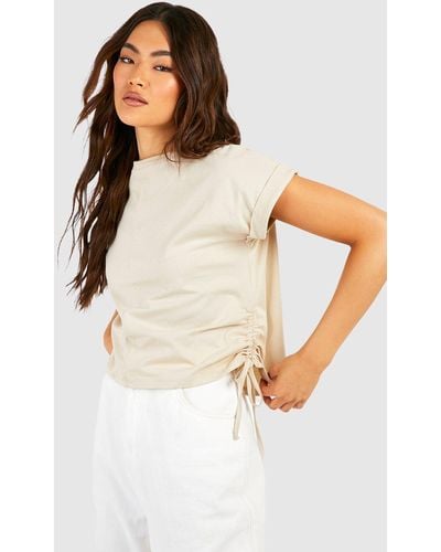 Boohoo Ruched Side Roll Sleeve Crop T-shirt - White