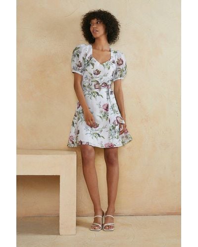 Oasis Floral Stripe Organza Square Neck Mini Dress - Natural