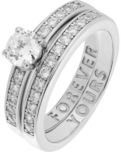 The Fine Collective Sterling Silver Cubic Zirconia Solitaire & Eternity 'forever Yours' Message Ring Set - White