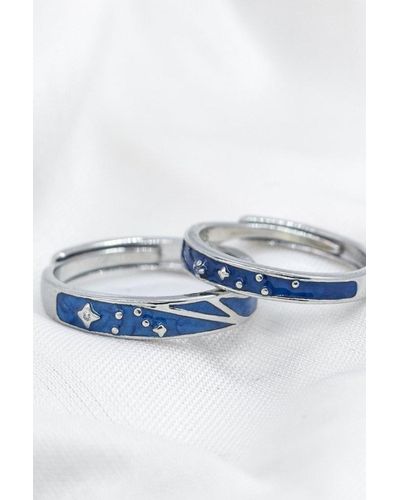 The Colourful Aura Silver Blue Star Couple Spacer Adjustable Promise Ring Set