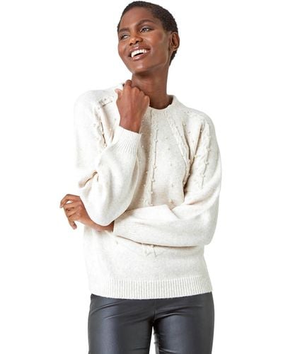 Roman Pearl Embellished Cable Knit Jumper - White