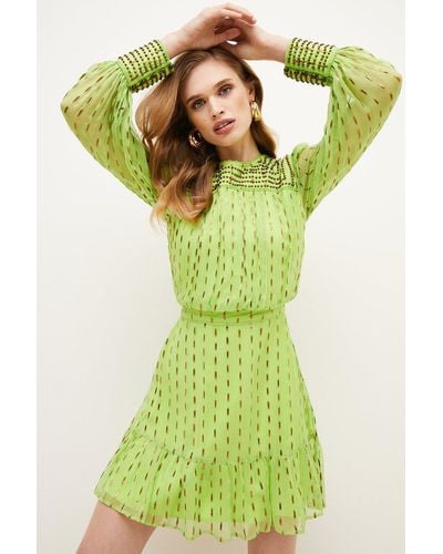 Karen Millen Metallic Beaded Woven Mini Dress - Green