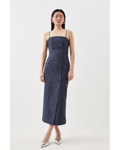 Karen Millen Indigo Linen Bandeau Tailored Pencil Dress - Blue