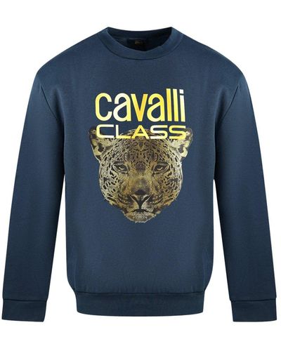 Roberto Cavalli Leopard Print Logo Navy Blue Jumper