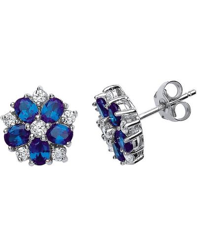 Jewelco London Silver Blue Oval Cz Tudor Rose Flower Petal Stud Earrings - Gve212sap