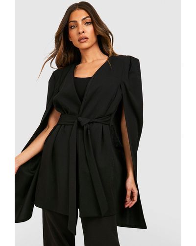 Boohoo Longline Tailored Belted Cape Blazer - Black